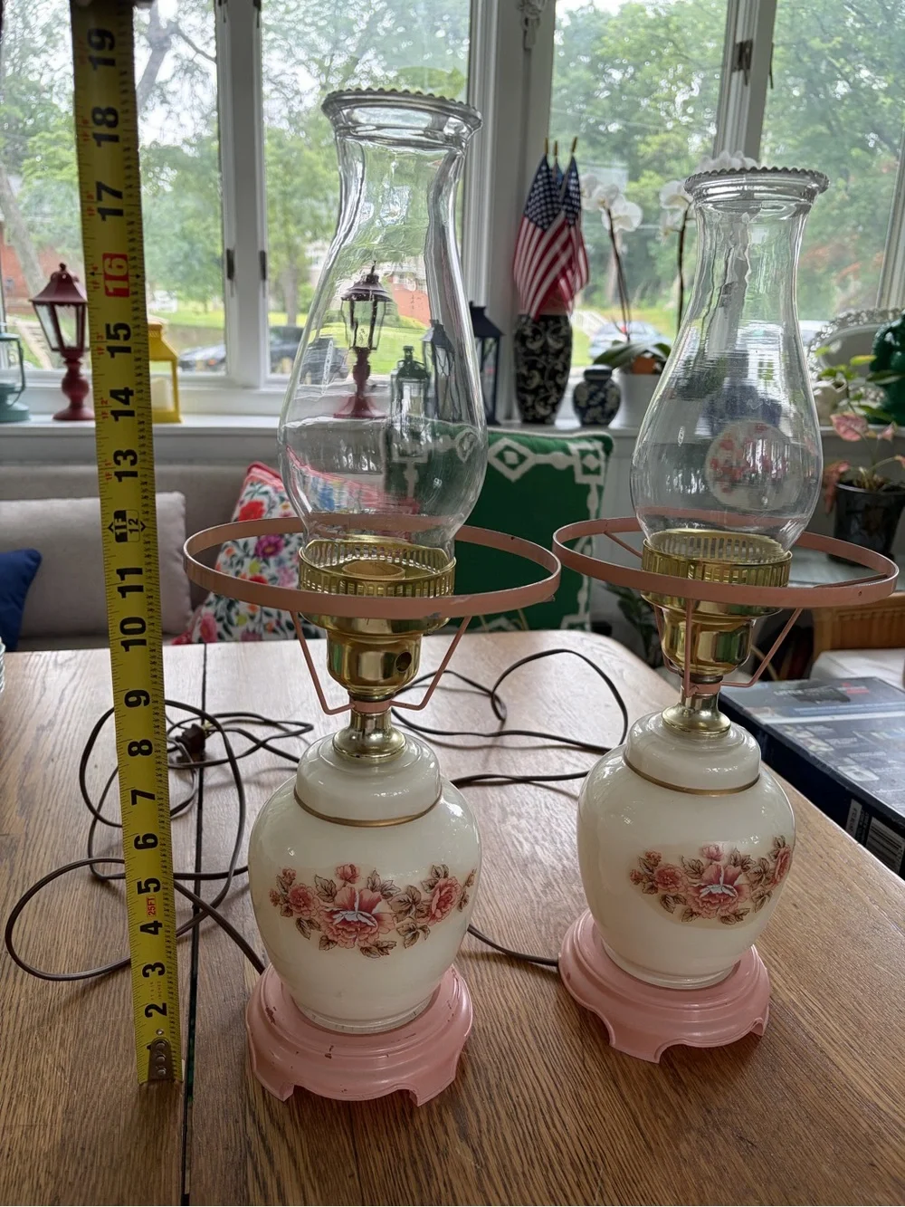 Source Unknown Pink and Cream Floral Glass Lantern Lamps, Pair